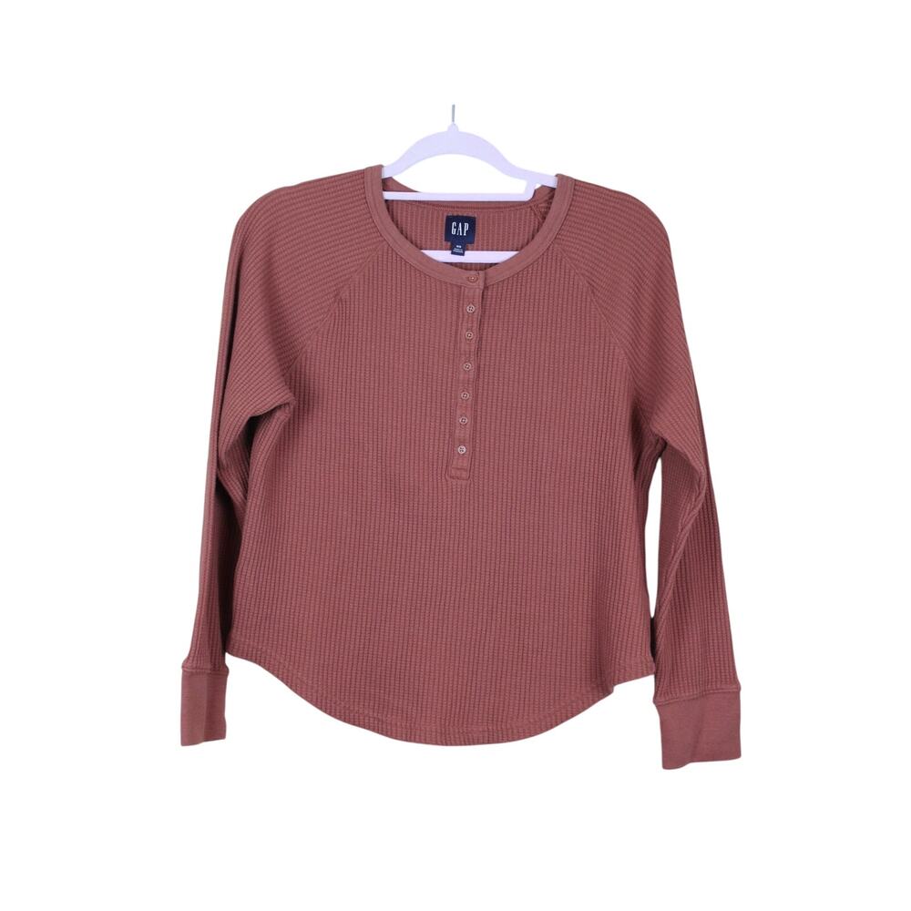 GAP Rust Brown Long Sleeve Waffler Knit Quarter Button Up Casual Top Size XS